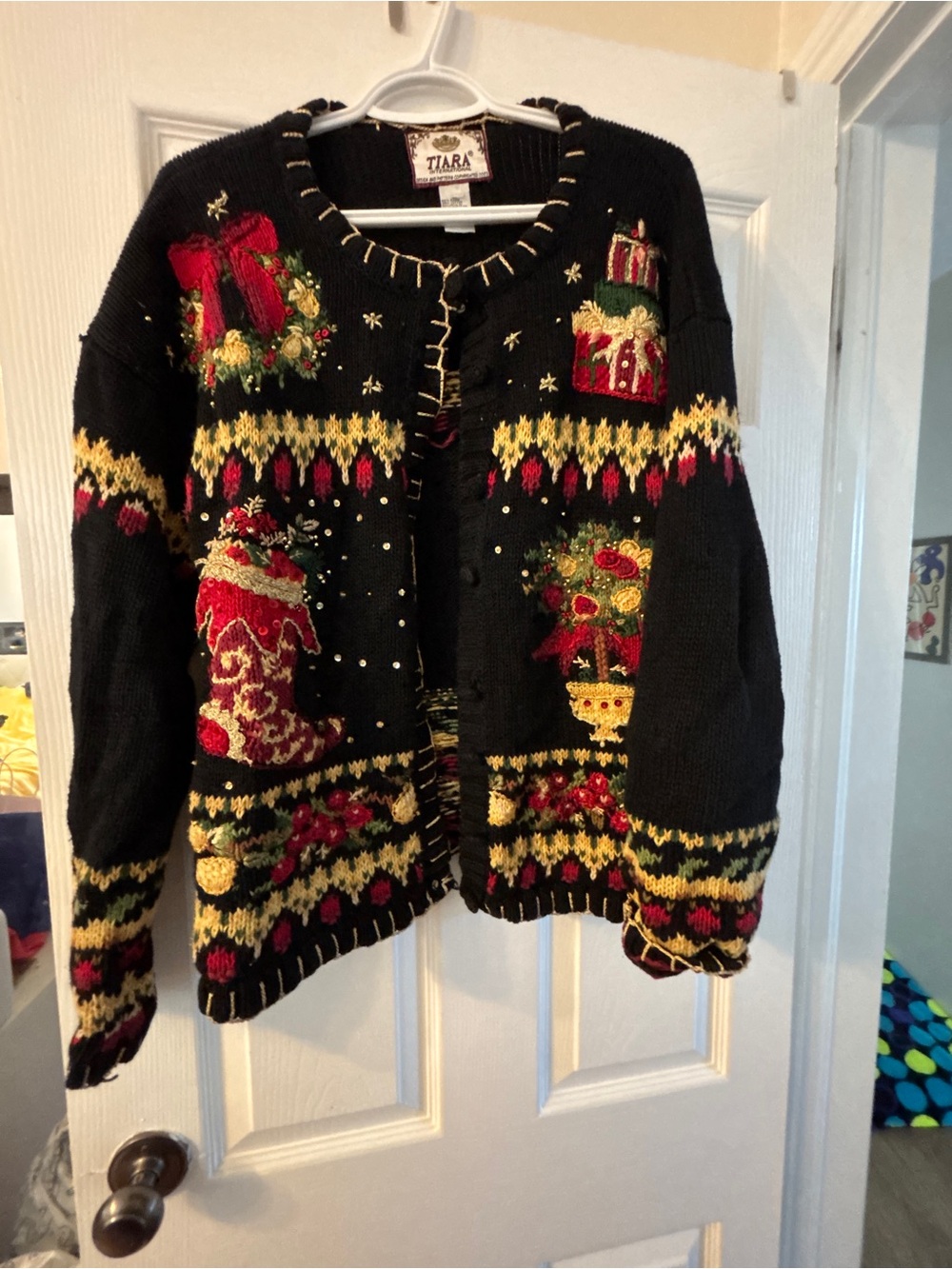 Tiara Black Knit Cardigan with Red & Gold Embroidery